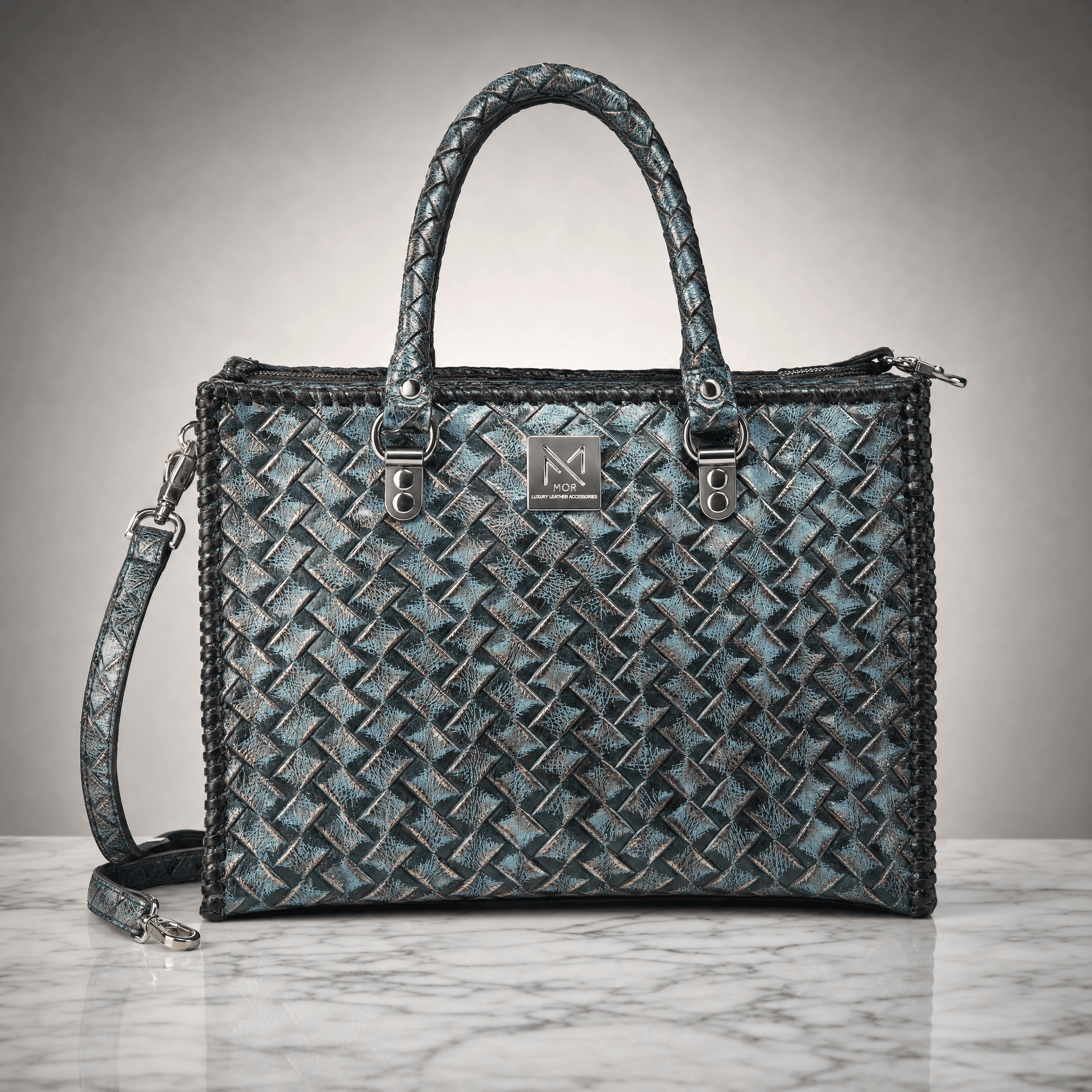 Denim Embossed Leather Crossbody Handbag — angle view